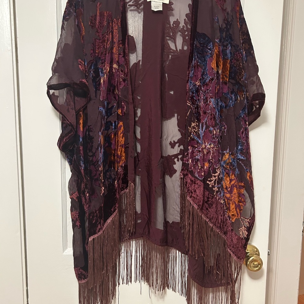 Francesca's Collections Sheer Floral Cape - Burgundy and Multicolor